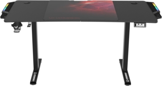 ULTRADESK Level RGB LED | Gaming-Schreibtisch mit elektrischer Höhenverstellung | Interner Speicher für 2 Einstellungen | Steckdosenleiste, XXL-Mauspad | Stahlgestell, Rotes Pad, 140x66 cm