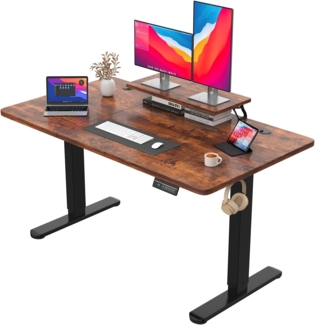 JUMMICO Höhenverstellbarer Schreibtisch mit Monitorständer, Elektrisch Schreibtisch Steh-Sitz, Standing Desk,140x60 cm, Braun