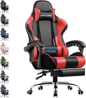 GTPLAYER Gaming Stuhl Bürostuhl Massage Gaming Sessel Ergonomischer Gamer Stuhl mit Fußstütze, Kopfstütze Massage-Lendenkissen, Gepolstert Gaming Chair, Drehsessel, rot
