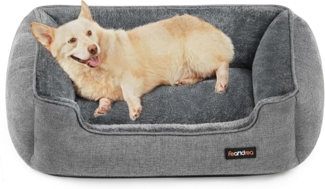 Feandrea Hundebett, Hundekissen in Leinenoptik, Hundekorb, erhöhte Ränder, rutschfeste Unterseite, Bezug abnehmbar waschbar, L, für mittelgroße Hunde, 90 x 75 x 25 cm, hellgrau PGW11GG