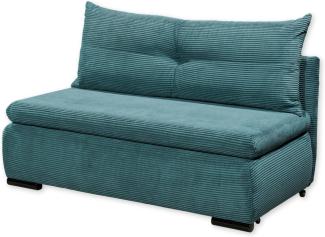 CHARLIE Bequemes Schlafsofa mit Bettkasten in Cord-Optik, Azur - Kompaktes Sofa mit Schlaffunktion - 153x75/90/92x83 cm (B/H/T)