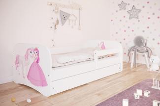 Kinderbett Jugendbett Weiß mit Rausfallschutz Schublade und Lattenrost Kinderbetten für Mädchen und Junge - Prinzessin und Pferd 80x160 cm