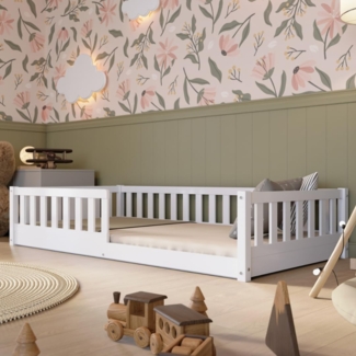 Crazy Pine Kinderbett 190x100 cm – Massives Montessori Bodenbett aus Holz in Weiß mit Rausfallschutz – Sicheres Kleinkindbett – Skandinavisches Design, Leichte Montage - Crazy Basic