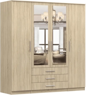 Schwebetürenschrank Szantal 4D mit Spiegel, Kleiderschrank mit DREI Schubladen, Kleiderstange und Einlegeböden, Schlafzimmerschrank, Schiebetüren, Modern Design (Sonoma/Sonoma)