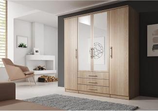 Schwebetürenschrank Szantal 4D mit Spiegel, Kleiderschrank mit DREI Schubladen, Kleiderstange und Einlegeböden, Schlafzimmerschrank, Schiebetüren, Modern Design (Sonoma/Sonoma)