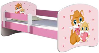 Kinderbett Jugendbett mit einer Schublade und Matratze Rausfallschutz Rosa 70x140 80x160 80x180 ACMA II (33 Miezekatzen, 70x140 cm)