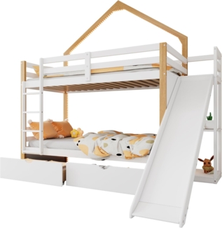 SOFTWEARY Etagenbett mit 2 Liegeflächen und Lattenrost, 90x200 cm, Kinderbett mit Rausfallschutz und Aufbewahrung