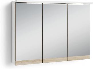 byLIVING Badezimmer Spiegelschrank Marino mit LED-Beleuchtung und Steckdose / Moderner, 3-türiger Spiegel Hängeschrank in schnee-weiß matt und Absetzung Sonoma Eiche / Wandschrank mit Spiegeltüren / B 80, H 60, T 20 cm