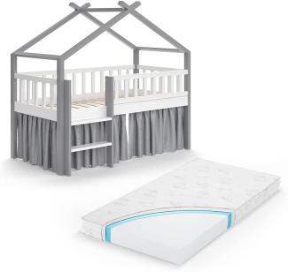 VitaliSpa Kinderbett Bettenhaus Einzelbett Adis Weiß Grau modern 168x158 cm Kinderzimmer Rausfallschutz Massivholz Lattenrost Bettleiter Hausbett Hochbett Matratze