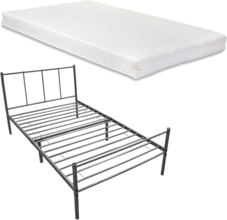 en.casa Laos Metallbett, Einzelbett 90x200 cm, Dunkelgrau, mit Matratze und Lattenrost