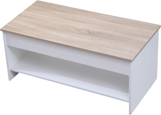 Happy Garden moderner Couchtisch mit hochklappbarer Tischplatte in Weiß und Holz Hedda. Wohnzimmertisch aus Holz mit Ablage. Rechteckiger Tisch mit Regal.