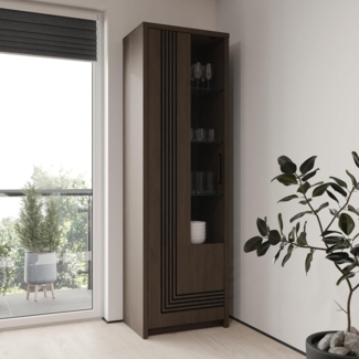 Forte EUFEMIUS Vitrine 60 65, moderner Vitrinenschrank mit dekorativer Fräsung, 1Tür, Dunkelbraun|Schwarz Eiche Holzdekor, 61,8cm breit x 198,3 cm hoch x 41,6 cm tief