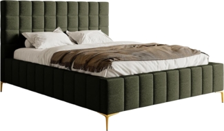 Selsey Bett Polsterbett Doppelbett 140x200 cm Mit Bettkasten Metallrahmen Goldene Beine Gasdruckfeder Schlafbett Chenille Olivengrün Szejlo