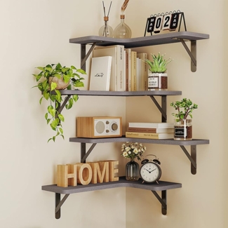 BAKAJI Set mit 4 Eckregalen aus Holz, Eckregal zur Wandmontage, Stangen aus Metall, Regal für Schlafzimmer, Wohnzimmer, Küche, Badezimmer, platzsparendes Bücherregal (Grau)