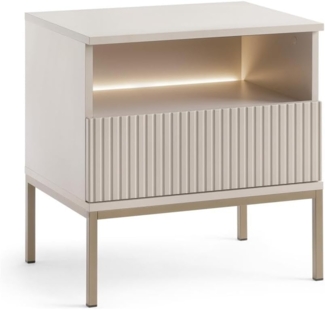 Vente-unique - Nachttisch mit 1 Schublade & 1 Ablagefach - Mit LED-Beleuchtung - MDF & Rauchglas - Beige - OVILA