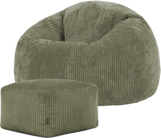 Icon Kingston Sitzsack mit Hocker Cord, Salbeigrün, Sitzsack Erwachsene mit Füllung, Bean Bag, Cord Sessel, Lounge Sessel, Lounge Stuhl, Schlafzimmer, Wohnzimmer, Wohnzimmer Möbel