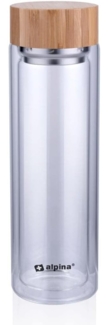 alpina Trinkflasche aus Glas mit Filter - Wasserflasche Doppelwandig 450 ml - Trinkflasche Bambuskappe und -Deckel - Teeflasche mit Teefilter