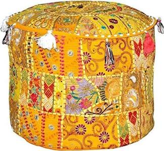 Aakriti Indian Pouf Fußhocker mit Stickerei Pouf, indische Baumwolle, Pouffe osmanischen Pouf Cover mit ethnischem Dekor Kunst - Cover (Yellow, 56x35 cms)