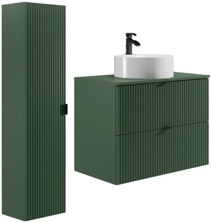 Vente-unique - Waschbeckenunterschrank hängend mit Aufsatzwaschbecken & Badhochschrank - Streifenoptik - Grün matt - 80 cm - ZEVINI