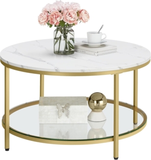 Vasagle Couchtisch mit Glasplatte, Holz / Stahl, Marmorweiß-Gold, Ø 80x46 cm