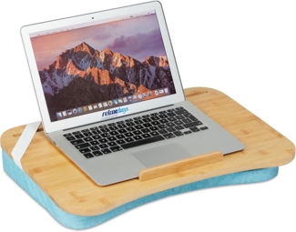 relaxdays Laptop Tablett Blaues Laptopkissen mit Bambusablage, Bambus