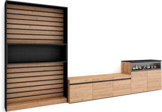 Skraut Home | Wohnwand Wohnzimmer | Wohnzimmermöbel, Möbelset | 360 x 186 x 35 cm | Für TV-Geräte bis zu 65" | Elektrokamin. | Moderner Stil | Eiche Schwarz