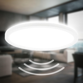 B.K.Licht LED Deckenleuchte BKL1604 Ultraflache LED Badleuchte, mit Microwavesensor, IP44, Bewegungsmelder, LED fest integriert, Neutralweiß, 4.000K, 2.400 Lm, 18W, indirekte Hintergrundbeleuchtung, ⌀29cm, Weiß