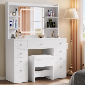 YITAHOME Schminktisch mit Verstellbaren LED-Beleuchtung und Steckdosen, Kosmetiktisch mit Spiegel, Hocker und Glasplatte, Frisiertisch mit drahtloser Ladestation und Schubladen für das Schlafzimmer