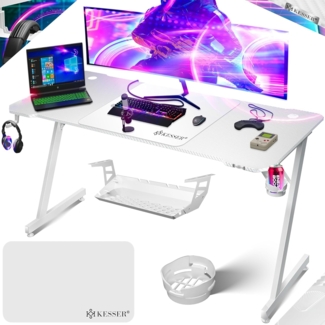 KESSER® Gaming Tisch LED | Z-Form Gamer Schreibtisch | Kopfhörerhaken & Kohlebeschichtung | Ergonomischer PC Computertisch | Stabiler Tisch mit Mauspad & Getränkehalter Weiß Carbon, 160 x 60 cm