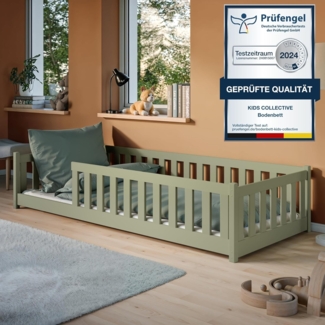 Kids Collective Kinderbett Bodenbett Bett mit Rausfallschutz & Lattenrost Montessori Bett Kinder (weitere Größen 80x160, 80x180, 90x190, 120x200, 140x200 cm), Jugendbett Einzelbett mit Matratze Olivgrün Kiefer 90x200 cm
