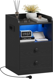 IRONCK Nachttisch mit Steckdose und LED, Beistelltisch mit 1 USB & 1 Typ-C Anschlusse, Nachtschrank 2 Schubladen&offene Fächer, Sofatisch für Wohnzimmer, Schlafzimmer, Arbeitszimmer, Schwarz