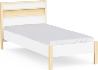 Bettgestell 90x190 cm Weiß und Holzdekor mit Integriertem Kopfteil – Einzellbett mit Anpassbarer Größe: Passend für Matratzen 90x200 cm