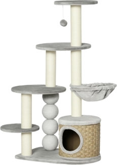PawHut Kratzbaum mit Katzenhöhle, Hängematte und 3 Kratzstämme, Hellgrau, 60L x 40B x 115.5H cm