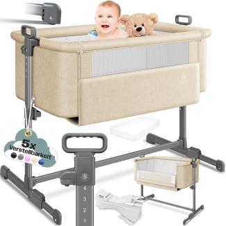 KESSER® Zustellbett Hubi 3in1 Baby Beistellbett Reisebett Babybett mit weich Matratze, mit Rollen Kinderbett, 5-fach Höhenverstellung, Faltbare Seitenwand für zu Hause und unterwegs Beige