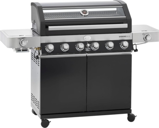 RÖSLE Gasgrill BBQ-Station VIDERO G6-S Schwarz, Grill mit 6 Edelstahlbrennern, extra Primezone und Seitenbrenner, klappbare Seitentische, VARIO+, pulverbeschichteter Stahl