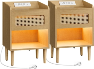 VASAGLE BOHOVEN Kollektion - Nachttisch mit Ladestation 2er Set, Beistelltisch mit Bewegungsensor, Couchtisch Rattan-Optik, Massivholzbeine, Schlafzimmer, Boho-Stil, eichenbeige LETDE817Y02V1