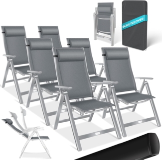 KESSER® Gartenstuhl Hochlehner mit Armlehnen | Aluminium Klappstuhl inkl. Kopfkissen Campingstuhl 7-Fach Verstellbar Rückenlehne | Atmungsaktiv & Wetterfest | Klappbar & Anti-Rutsch Hellgrau, 6 Stück