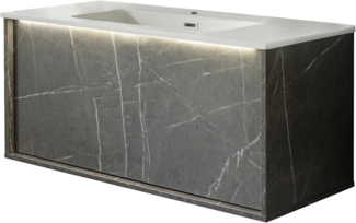 LANZET DUNE Waschbecken mit Unterschrank 101 cm breit, Marmor Grau, Waschbecken Gussmarmor Weiß, inkl. LED-Beleuchtung