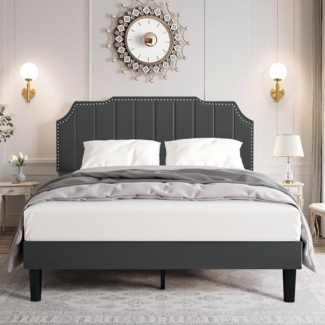 VECELO Doppelbett, gepolstert, 140x190 cm, Lattenständer aus Holz, Velours, einfache Montage, Grau