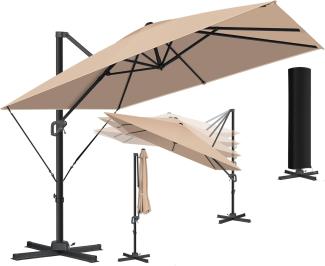 KESSER® Sonnenschirm Ampelschirm SUN XL 300x300 cm Inkl. Abdeckung +Windsicherung Drehbar Neigbar Kippbar Marktschirm Groß 360° Rotation, Gartenschirm mit Kurbel Sonnenschutz UV50+, Beige