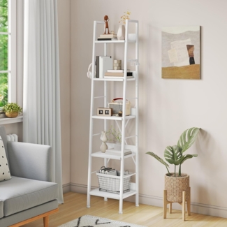 YITAHOME Schmal Bücherregal mit 5 Ebenen 35 cm Breit, Industrielles Leiterregal Standregal Holzregale und Metallrahmen, Modernes Regal für Wohnzimmer, Büro, reinweißes