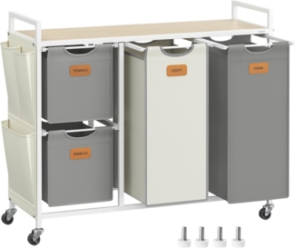 VASAGLE Wäschekorb 4 Fächer, Wäschesammler 150 L, Wäschesortierer, Rollen, Wäschewagen mit Ablage, Wäschesack, kleine seitliche Taschen, 6 Etiketten, naturbeige-taubengrau-cremeweiß
