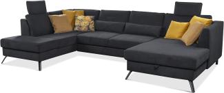 CAVADORE Wohnlandschaft Ole / Modernes Funktionssofa in U-Form mit Bett, Bettkasten, Stauraum, Schwenkrücken und 2 Kopfstützen / leichte Fleckentfernung dank Soft Clean / 335 x 88 x 201 / Schwarz