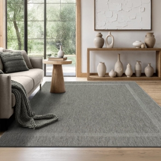 the carpet Mistra - robuster Teppich, modern, langlebig und pflegeleicht, In- und Outdoor, Wohnzimmer, ideal für Küche, Flur und Wintergarten, flachgewebt, Bordüre, Anthrazit, 80x200 cm