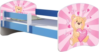 ACMA Kinderbett Jugendbett mit Einer Schublade und Matratze Blau mit Rausfallschutz Lattenrost II 140x70 160x80 180x80 (10 Teddybär, 140x70)