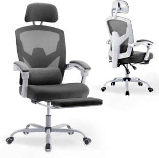 DUMOS Bürostuhl Ergonomisch - EIN Schreibtischstuhl mit Komfortarmlehnen, Ausgestattet mit Einer Bequemen Lendenwirbelstütze und Fußstütze, Office Chair Geeignet für Zuhause, Büro (Grau)