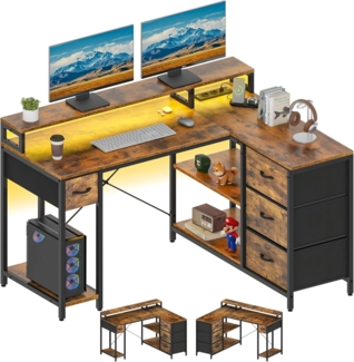 YITAHOME L Form Schreibtisch mit USB Ladeanschluss und Steckdose,Reversible Eckschreibtisch mit 4 Schubladen und Regal,Gaming Schreibtische mit Monitorständer,140x100 cm Computertisch für Büro,braun