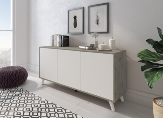 Dmora - Kommode Weddell, Wohnzimmerbuffet, Wohnzimmer-Sideboard, Moderne Küchen-Speisekammer, 154x40h72 cm, Hellgrau und Weiß