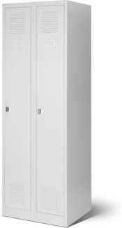 Jan Nowak Spind Schrank, Kleiderschrank, Metallschrank, Schließfachschrank | 2 Abteile mit Kleiderstange, Lüftungsschlitze, Trennwände, 4 Kleiderhaken pro Abteil | 180 x 60 x 50 cm, Grau