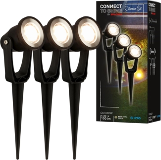 BRILONER - Connect to Shine 12V Gartensystem 3er Set LED Strahler mit Erdspieß, Erweiterungsset, IP65, warmweißes Licht, Gartenbeleuchtung, LED Gartenstrahler, 22,5 x 6 x 5 cm, Schwarz